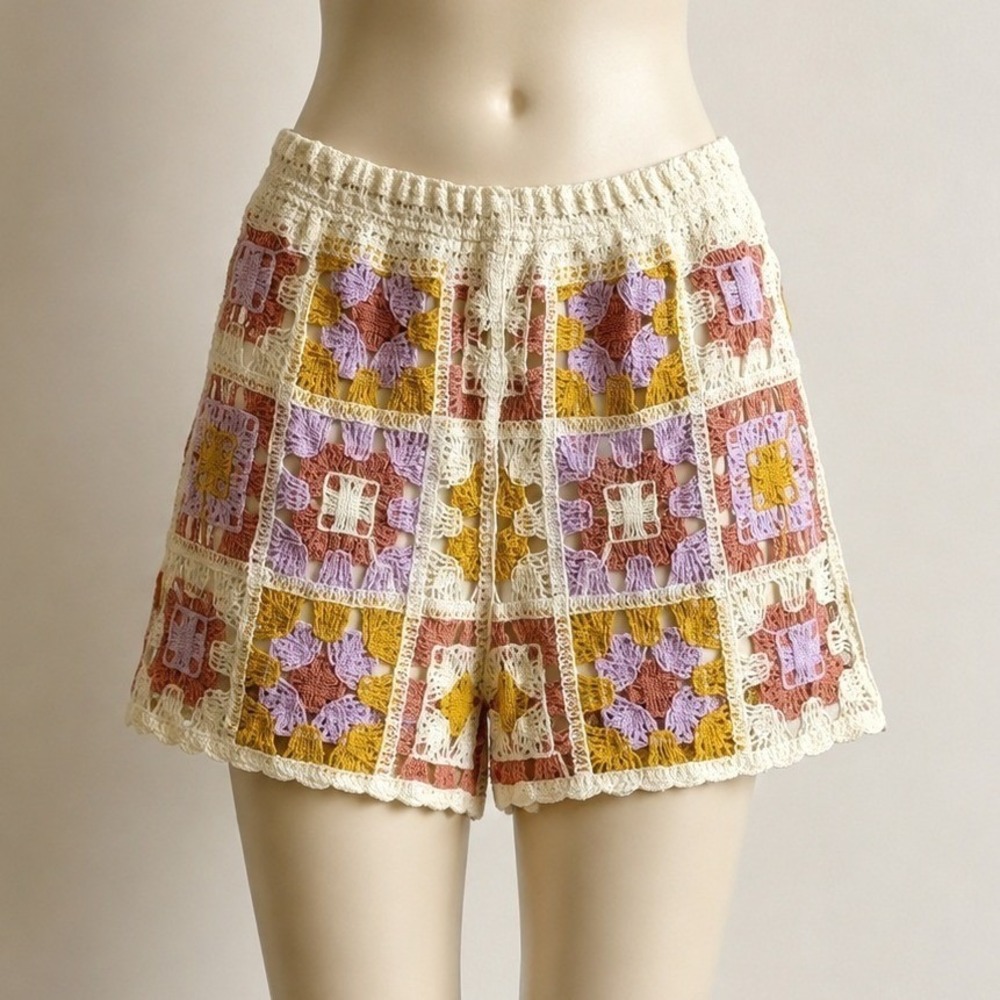 Rebellion Crochet Shorts Multi Color Boho Festival Vacation Retro Small Colorful